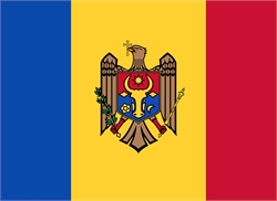 [ai] The flag of Moldova featuring vertical blue, yellow, and red stripes, with the national coat of arms in the center. The coat of arms includes an eagle holding a cross, a scepter, and an olive branch.
